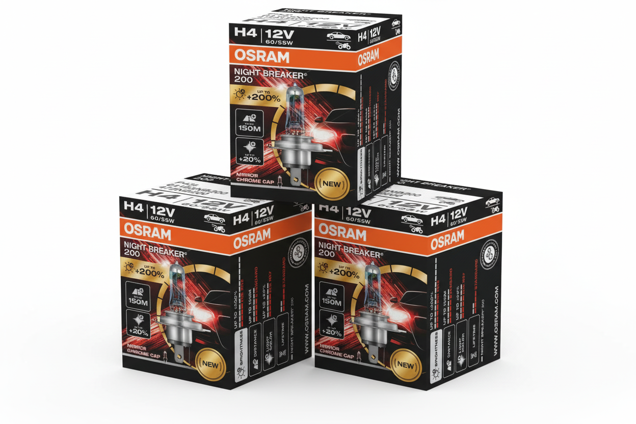 3 pieces Osram H4 halogen lamps Night Breaker 200 3x single packaging