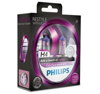 Philips H4 Color Vision Purple / Pink Halogen Lampen +60% mehr Licht 12V 60/55W Duo Box (2 Stück)