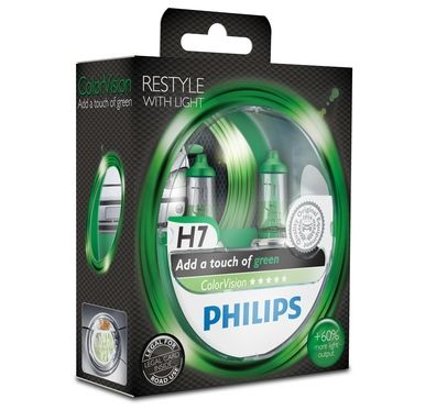 Philips H7 Color Vision Green/ Grün Halogen Lampen +60% mehr Licht 12V 55W Duo Box (2 Stück)