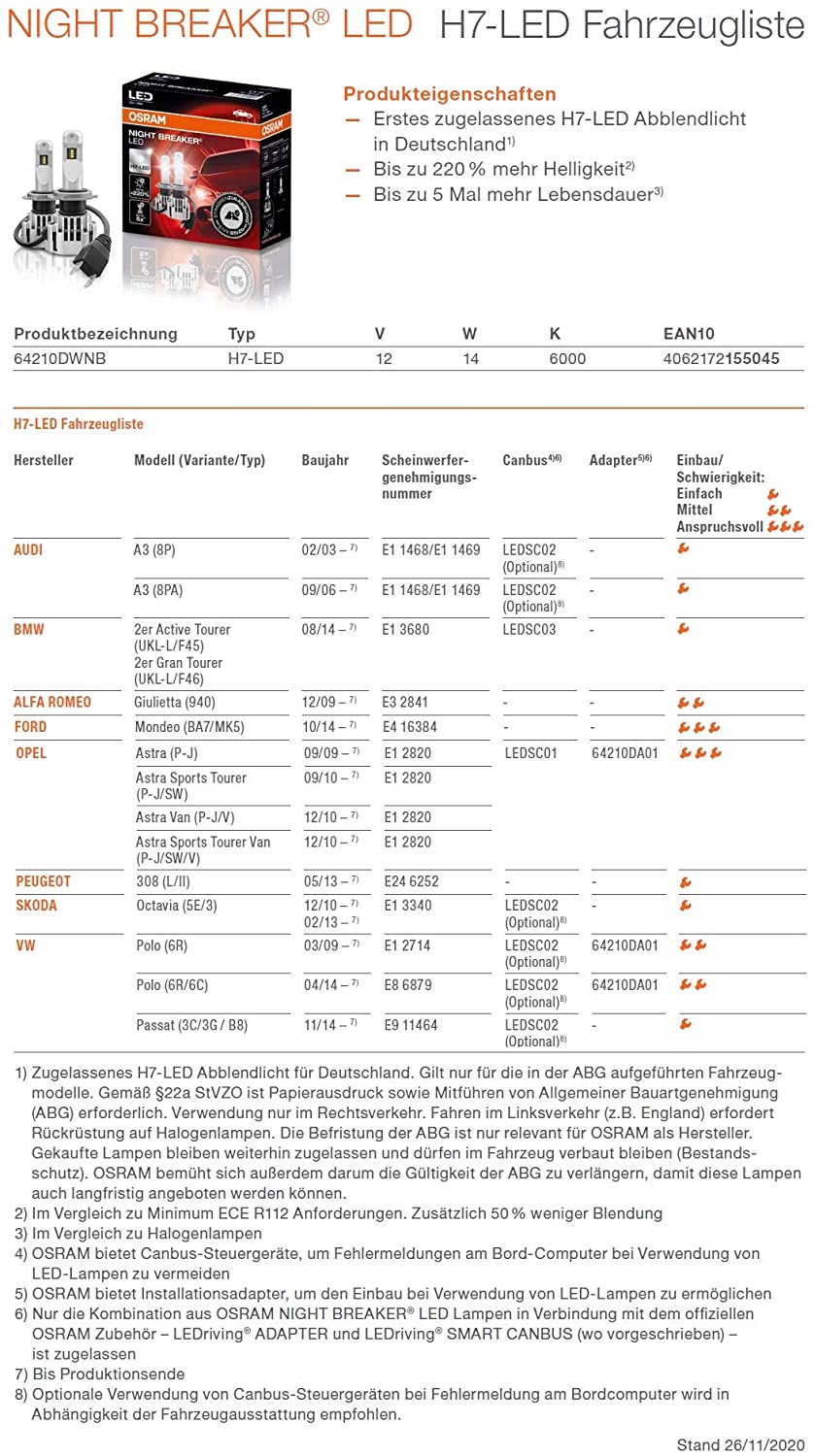 Osram Night Breaker H7-LED Set, Trade Set, Umrüstung für