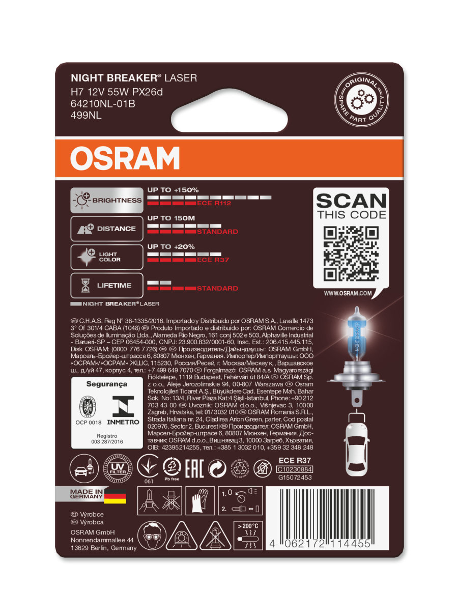 Osram Original H7 Halogen Scheinwerferlampe 12V 55W 10 Blister