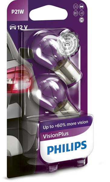 Philips P21W BA15s Vision Plus Signalleuchte Bliker, Bremse, Rückwährtsgang (2er Pack)