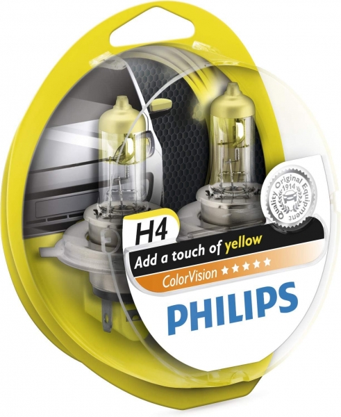 Philips H4 Color Vision Yellow / Gelb Halogen Lampen +60% mehr Licht 12V 60/55W Duo Box (2 Stück)